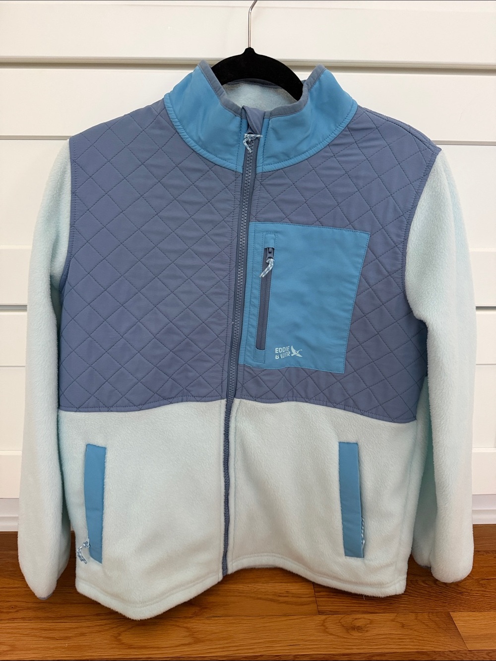 Eddie Bauer Kids Quilted Chest-Panel Fleece Jacket in Light Blue and Slate Blue
